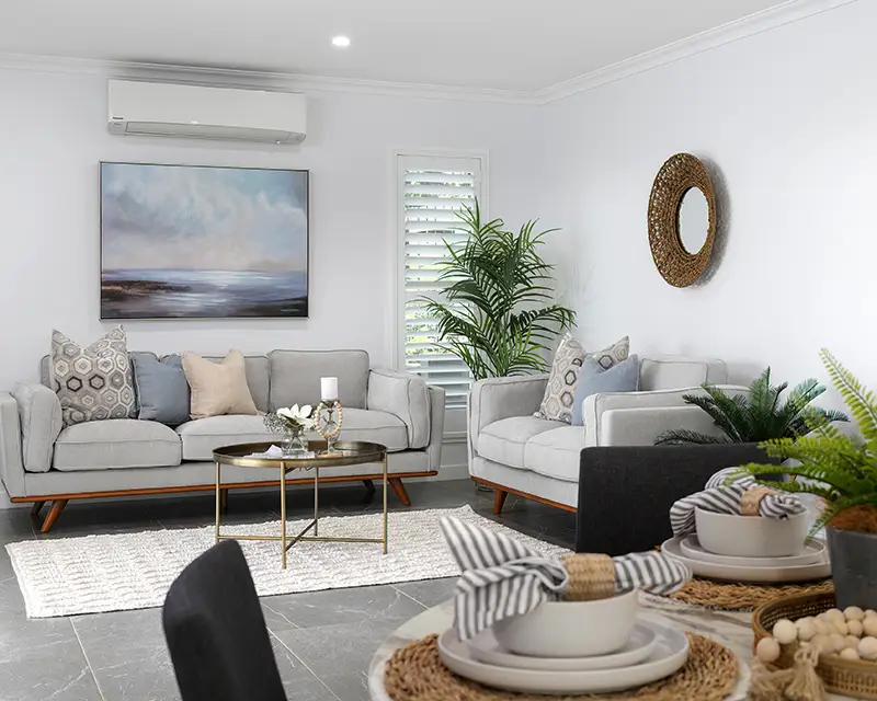 Styled living room with natural textures – interior design photography